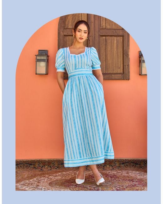 Monsoon India & Mills Katie Stripe Midi Dress Blue