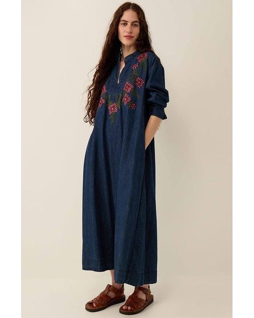 Monsoon East Reyna Denim Embroidered Dress Blue