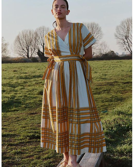 Monsoon Green East Alana Hand-woodblock Stripe Dress Yellow