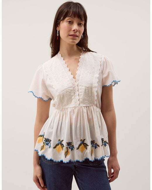Monsoon Natural Luna Lemon Embroidered Jersey Top Ivory