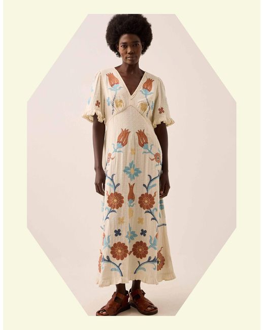 Monsoon Natural East Odeline Embroidered Dobby Maxi Dress Ivory
