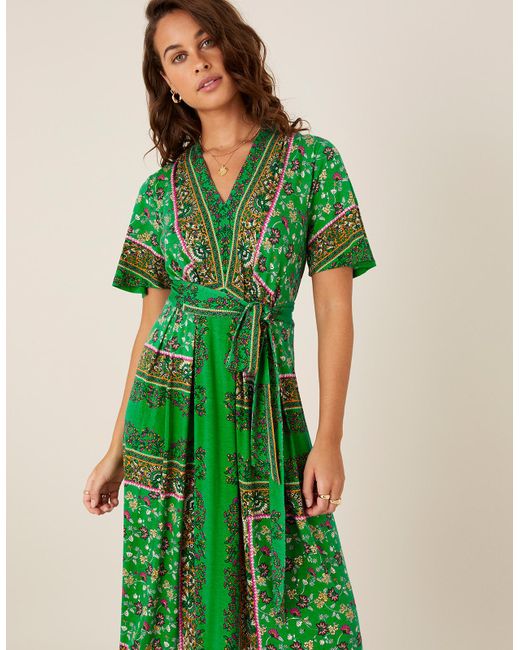 Monsoon Green Heritage Print Viscose Raegan Summer Midi Dress, Size: M