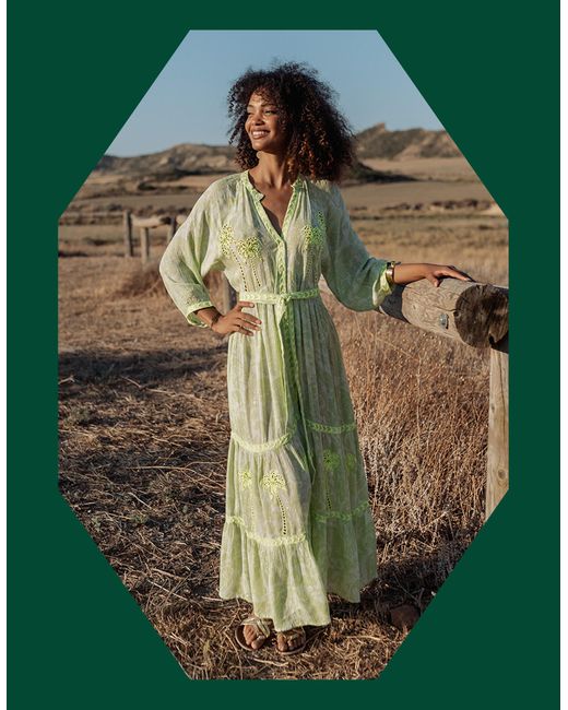 Monsoon Piti Cuiti Palm Embroidered Maxi Dress Green