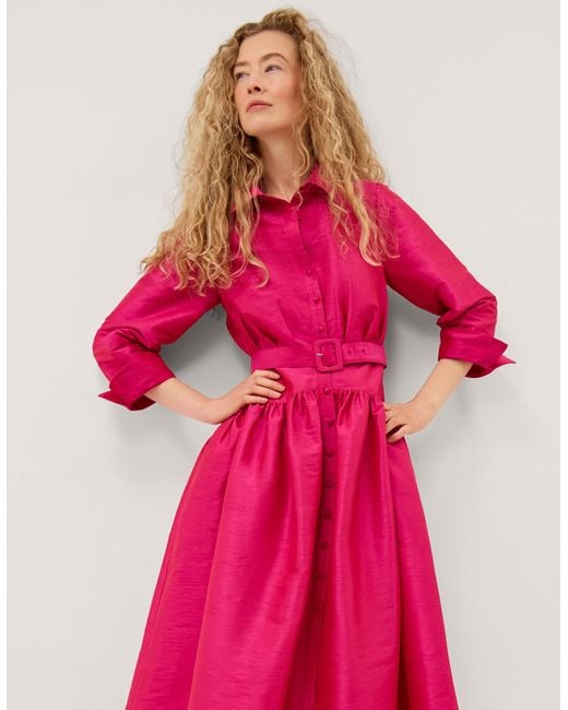 Monsoon Poppy Belted Midi Shirt Dress Pink