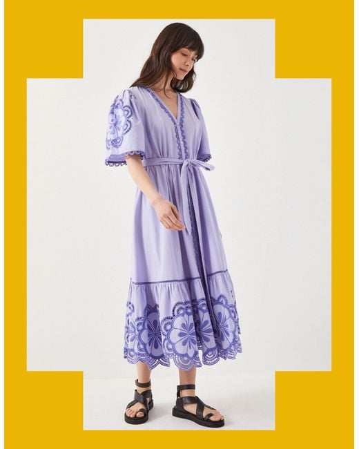 Monsoon East Aliona Floral Broderie Midi Dress Purple