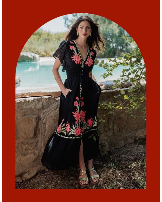 Monsoon Piti Cuiti Flutter Floral Embroidered Maxi Dress Black