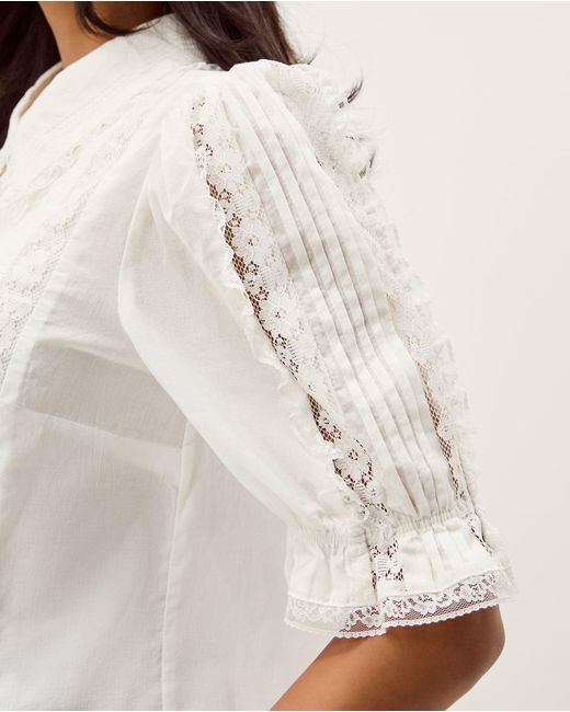 Monsoon Natural Annette Puff Sleeve Lace Shirt White