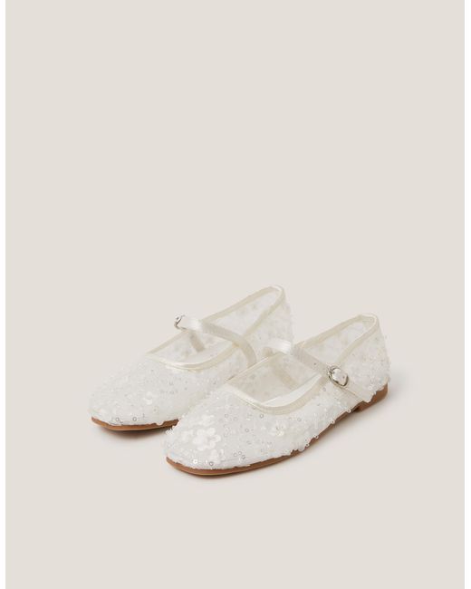 Monsoon Natural Flower Sparkle Mesh Ballet Flats Ivory