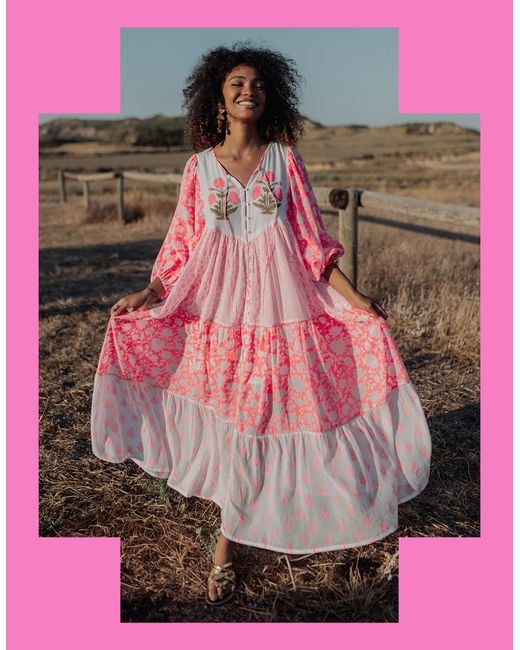 Monsoon Pink Piti Cuiti Floral Tiered Maxi Dress Orange
