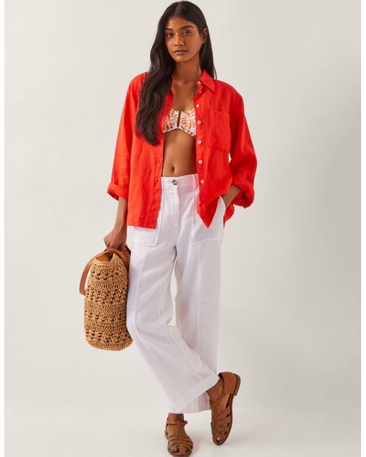 Monsoon Red Jolie Short Linen Wide Leg Trousers White