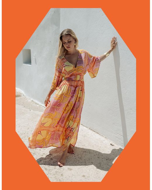 Monsoon Piti Cuiti Plunge Floral Print Maxi Dress Orange