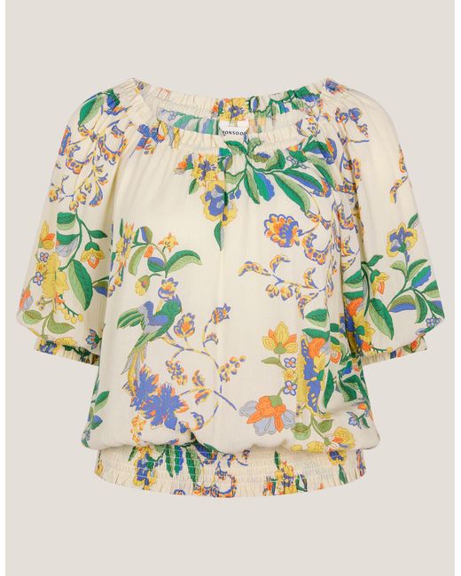 Monsoon Metallic Kaia Floral Print Bardot Top Ivory