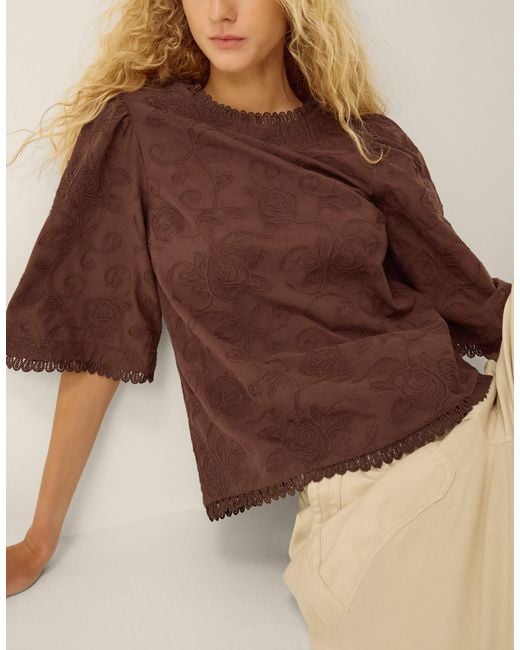Monsoon Sabine Floral Embroidered Top Brown