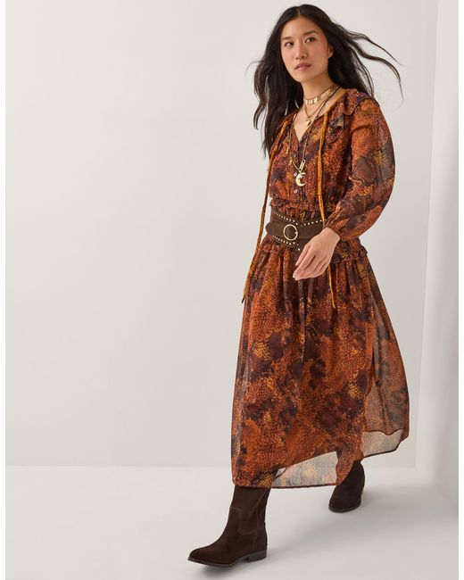 Monsoon Brown Synthia Snake Print Smocked Midi Dress Yellow
