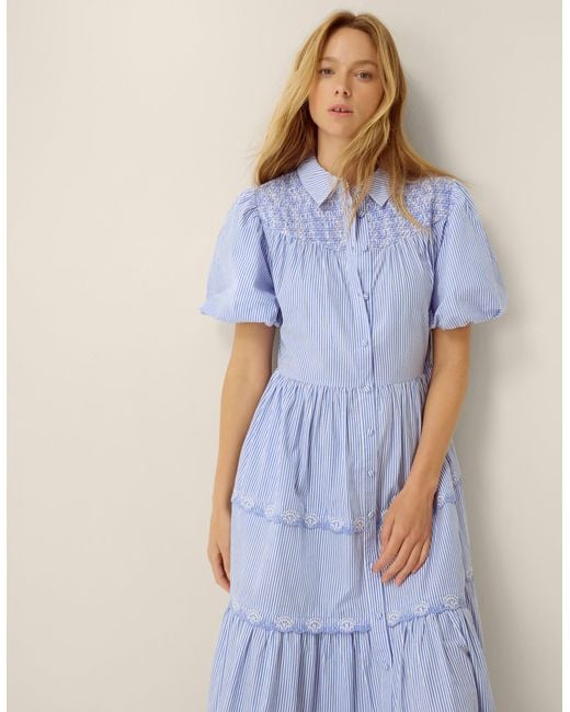 Monsoon Laney Puff Sleeve Stripe Maxi Dress Blue