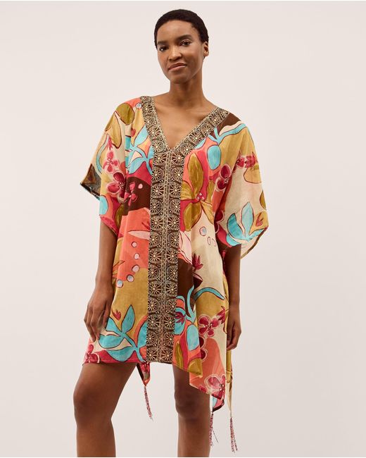 Monsoon Red Iris Floral Print Mini Kaftan