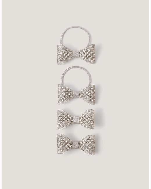 Monsoon White 4-pack Rhinestone Bow Hair Bands & Clips Silver