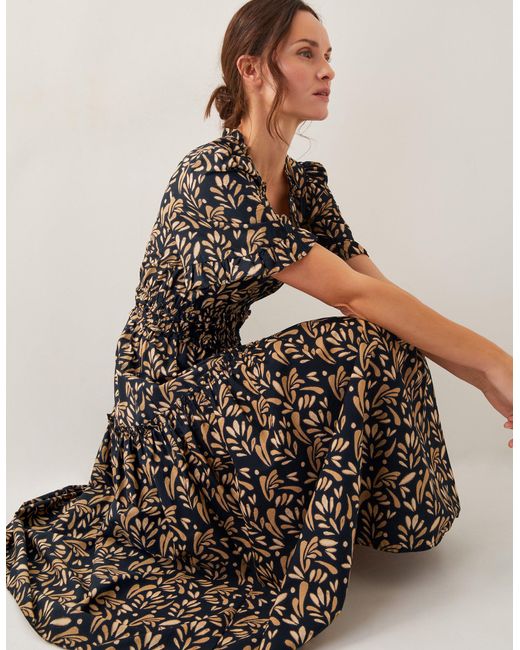 Monsoon Brown Bryony Leaf Print Midi Dress Black