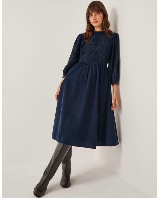 Monsoon Blue Leona Embroidered Corduroy Midi Dress