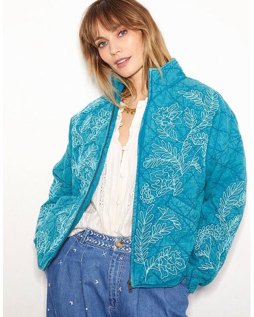 Monsoon Blue East Tate Embroidered Quilted Jacket Teal