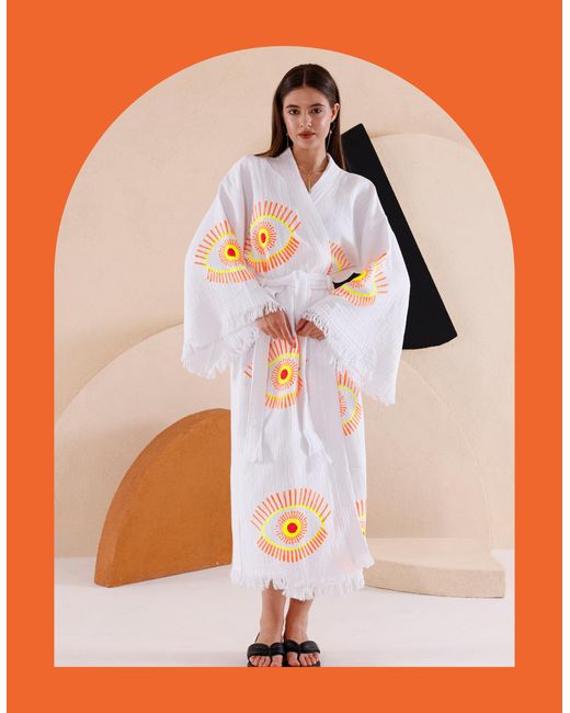 Monsoon Orange Meraki Beach Eye Print Kimono Robe Cream