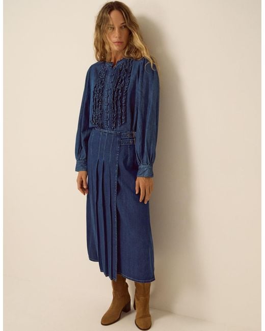 Monsoon Kitty Denim Kilt Midi Skirt Blue