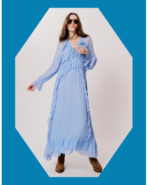 Monsoon Moliin Long Sleeve Ruffle Maxi Dress Blue