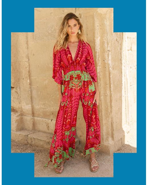 Monsoon Blue Piti Cuiti Boho Floral Wide Leg Jumpsuit Pink