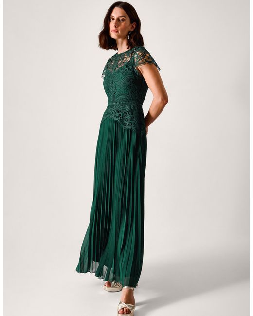 Monsoon Women's Dark Green Floral Lace Monica Pleated Bridesmaid Dress, Size: 14
