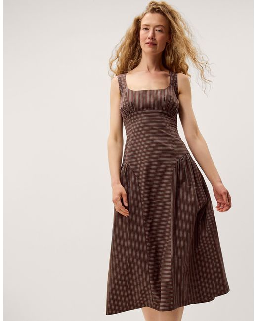 Monsoon Selena Square Neck Stripe Midi Dress Brown