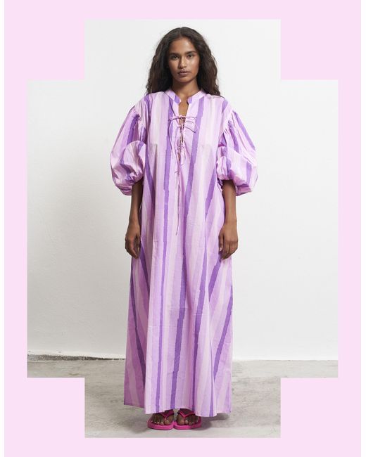 Monsoon Purple Par & Escala Tere Puff Sleeve Stripe Maxi Dress Pink