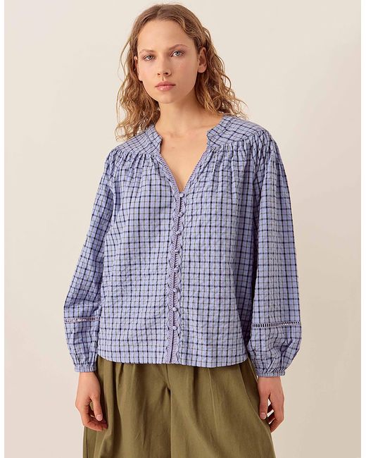 Monsoon East Lilia Check Cotton Blouse Blue