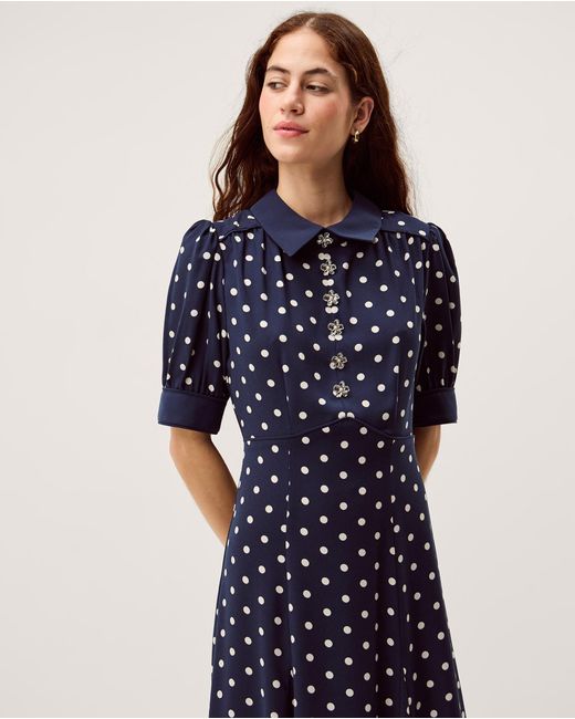Monsoon Kate Puff Sleeve Polka Dot Midi Dress Blue