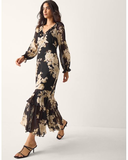 Monsoon White Women's Black & Cream Floral Print Rowena Ruffle Maxi Dress, Size: 22