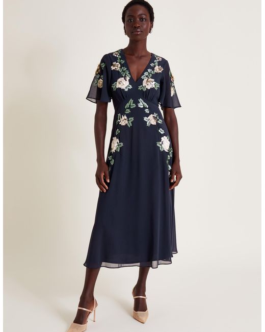 Monsoon Cora Floral Embellished Midi Tea Dress Blue