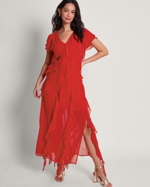 Monsoon Renata Ruffle Midi Dress Red