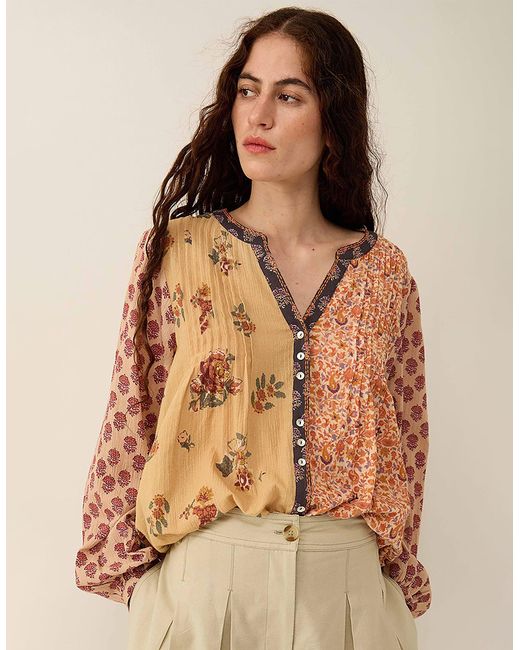 Monsoon Brown East Loran Patch Print Crinkle Cotton Top Multi