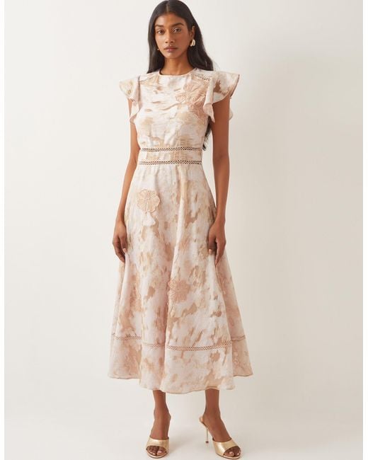 Monsoon Natural Josie Flutter Sleeve Floral Jacquard Midi Dress Pink