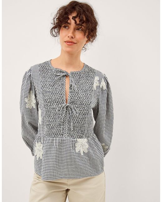 Monsoon Gray Mimi Embroidered Gingham Top