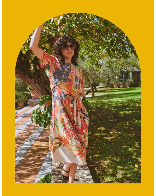 Monsoon Yellow One Hundred Stars Obi Fan Print Midi Dress Red