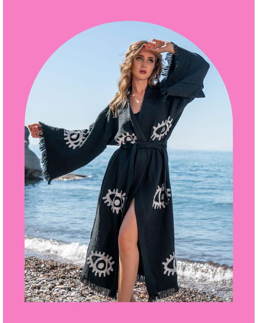 Monsoon Blue Meraki Beach Woodblock Print Kimono