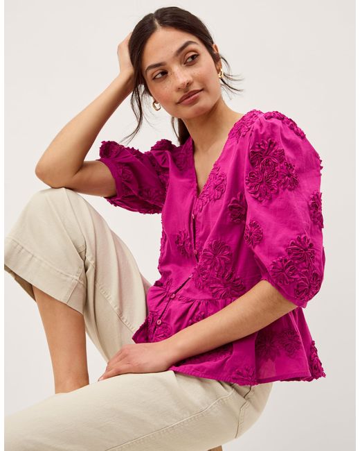 Monsoon Tammy Puff Sleeve Embroidered Top Pink