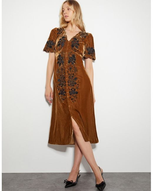 Monsoon Brown Cleo Embroidered Velvet Dress Copper
