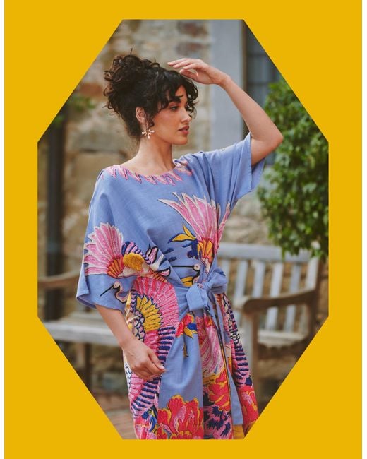 Monsoon Yellow One Hundred Stars Obi Crane Print Midi Dress Blue