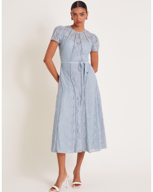 Monsoon Blue Ellie Lace Short Sleeve Midi Dress Grey