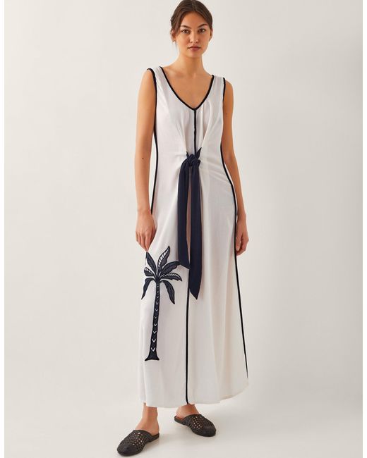 Monsoon Natural Nyla Embroidered Tie Maxi Dress White