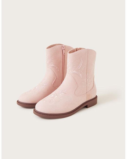 Monsoon Suede Embroidered Floral Cowboy Boots Pink