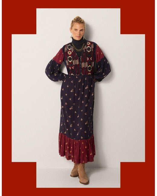 Monsoon Maison Hotel Ginevra Embroidered Floral Print Midi Dress Blue