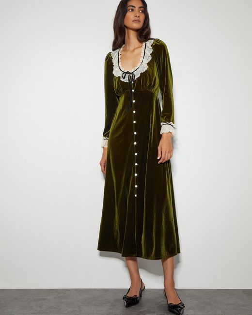 Monsoon Vali Velvet Tea Dress Green