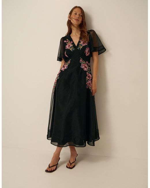 Monsoon Natural Felicity Floral Embroidered Midi Dress Black